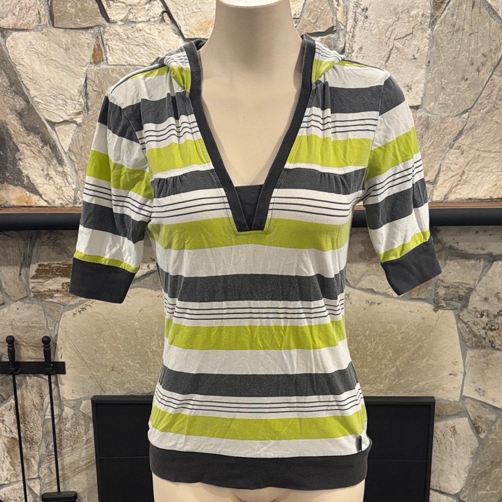 Striped V-Neck Women's Top - Green, Gray, White